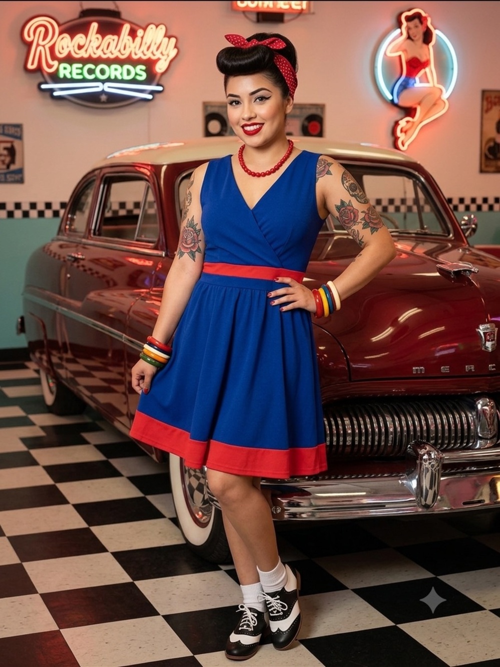 Vintage-Inspired Blue & Red Fit-and-Flare Dress ITEM
#6